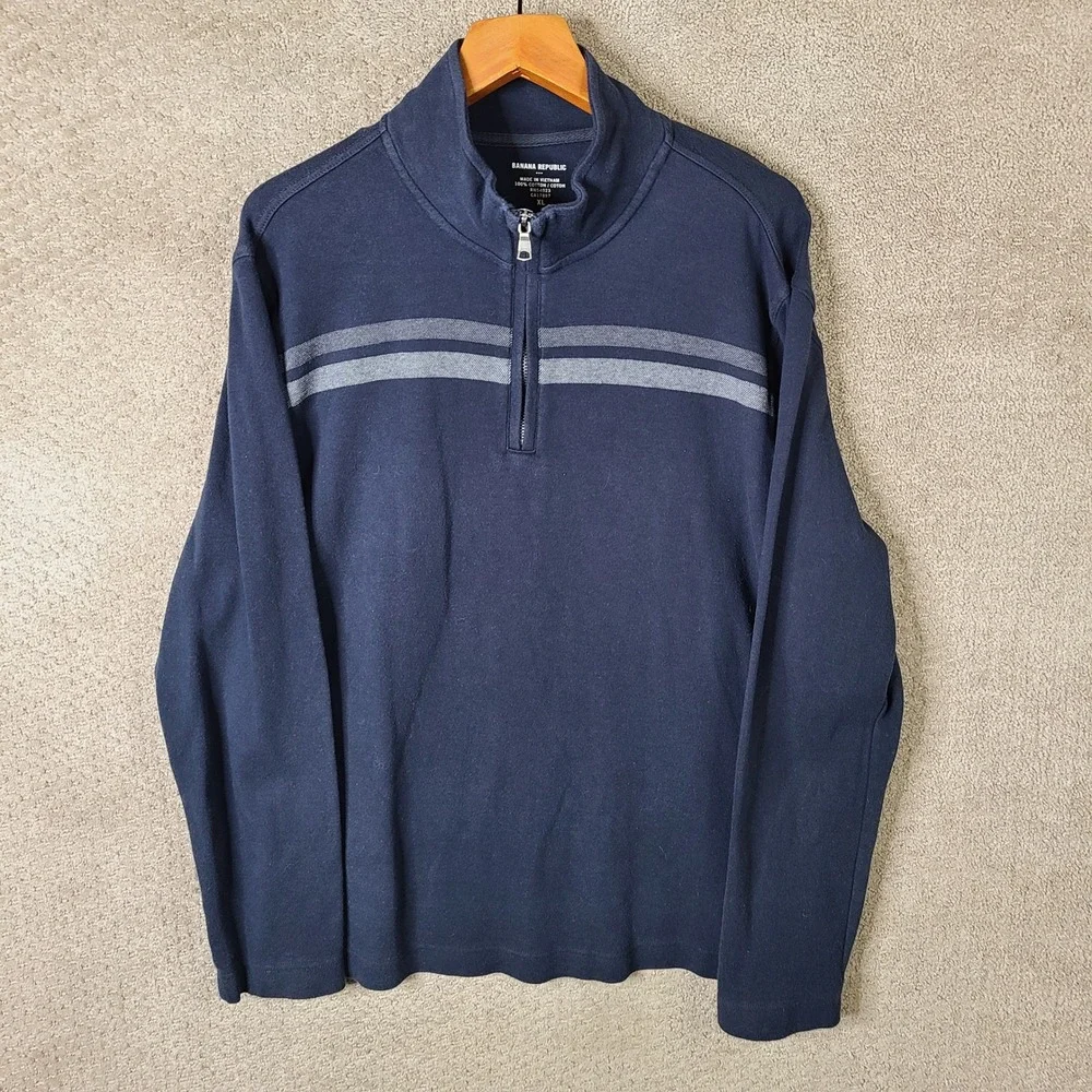 Banana Republic‎ Sweater Mens XL Navy Striped Quarter Zip Cotton Pullover Casual